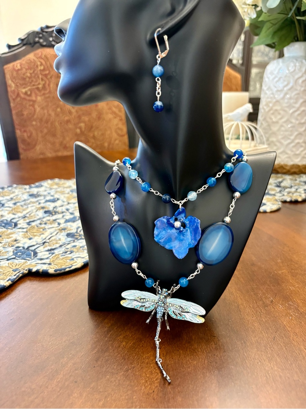 Handcrafted Blue Agate Dragonfly Necklace and Earrings Set